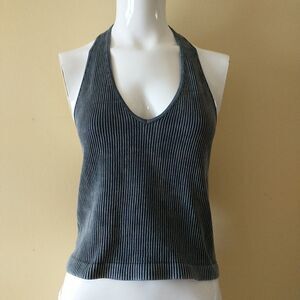 Bella Seamless Top Womens L Gray Ribbed Halter Sleeveless StretchGrunge Goth Y2K